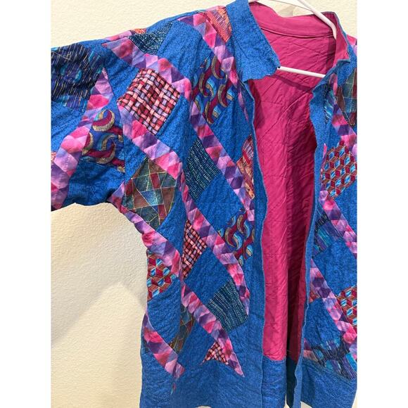 Handmade Quilted Jacket with Pockets Blue Pink L/XL Grannycore Cottagecore - Picture 2 of 8